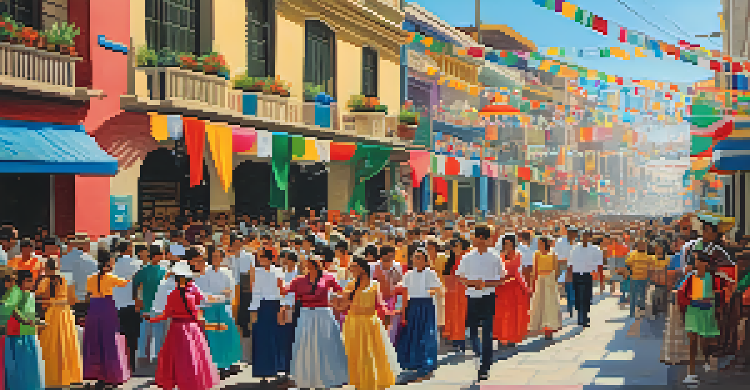 A festive scene in Lima's Historic Center with colorful floats and locals in traditional attire celebrating, creating a joyful atmosphere.