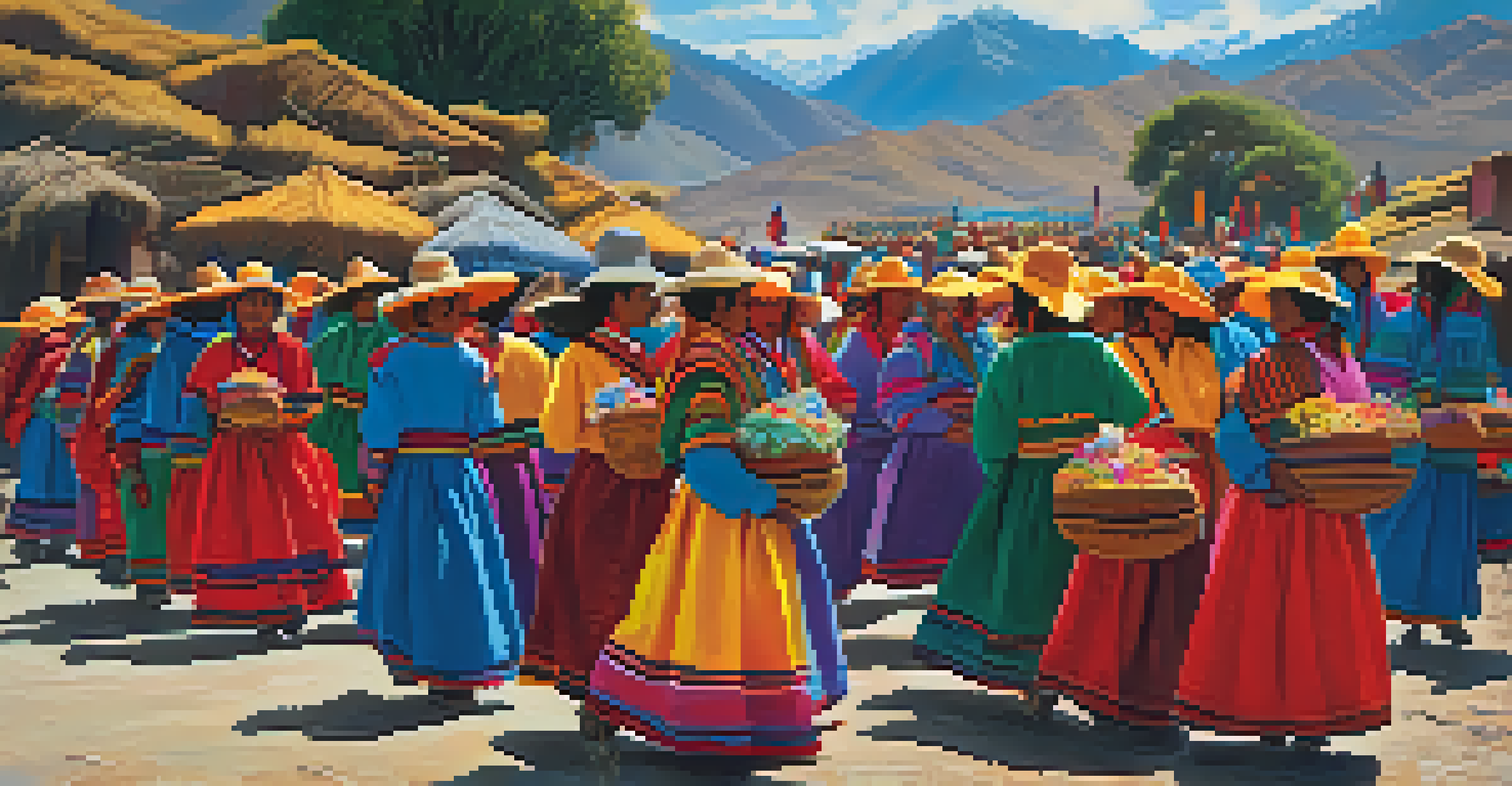 A colorful procession for Día de Todos los Santos in Peru, with people dressed in traditional attire against a backdrop of Andean mountains and a brilliant blue sky.