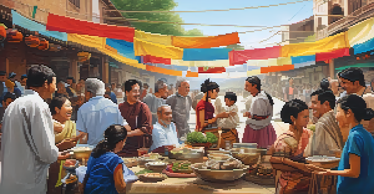 A lively outdoor cultural exchange event with people sharing traditional dishes and engaging in conversation.
