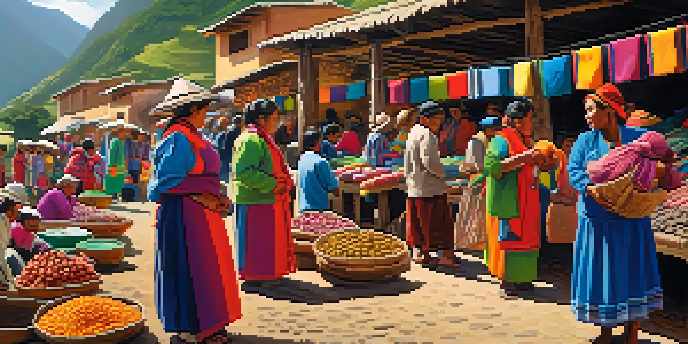 A lively Peruvian market with artisans selling colorful textiles and pottery, surrounded by hills under a clear sky.