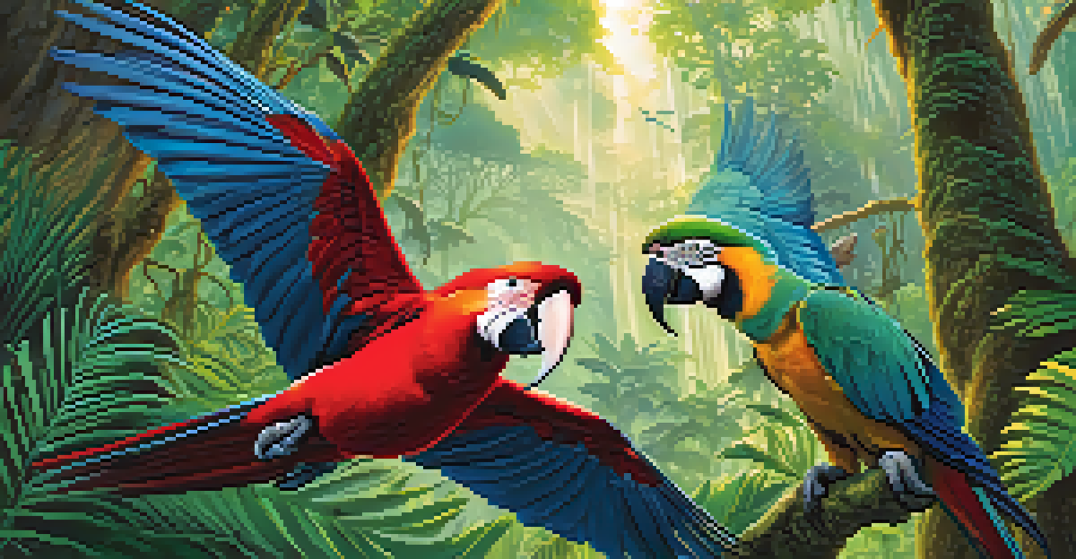 A lush Amazon rainforest scene in Manu National Park, featuring vibrant plants and flying macaws in a sunlit environment.