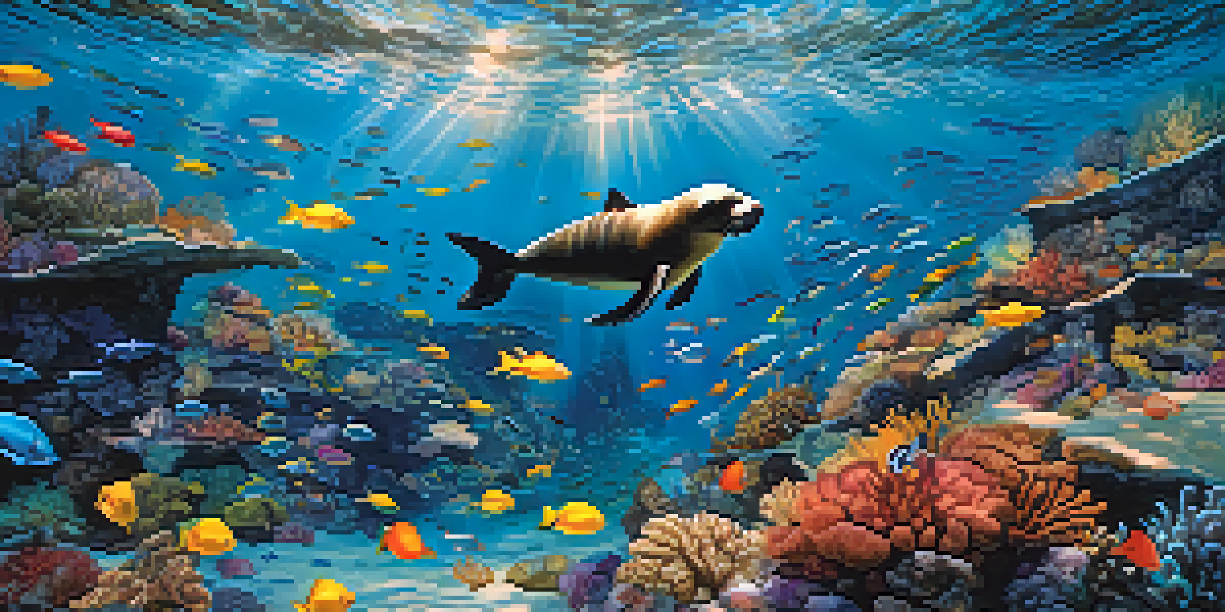An underwater scene with colorful fish, a sea lion, and coral reefs, illuminated by sunlight.
