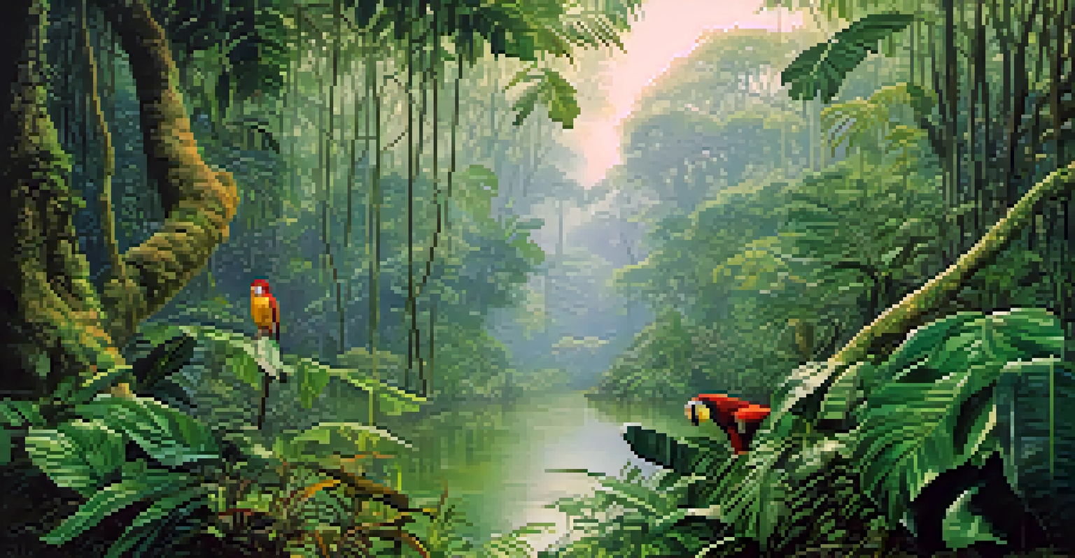 A vibrant rainforest scene with animals amidst lush greenery and raindrops on leaves.
