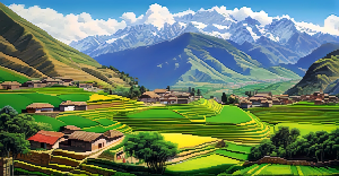 A scenic landscape of the Sacred Valley in Peru with green terraces, Andean homes, and mountains, highlighting sustainable farming.