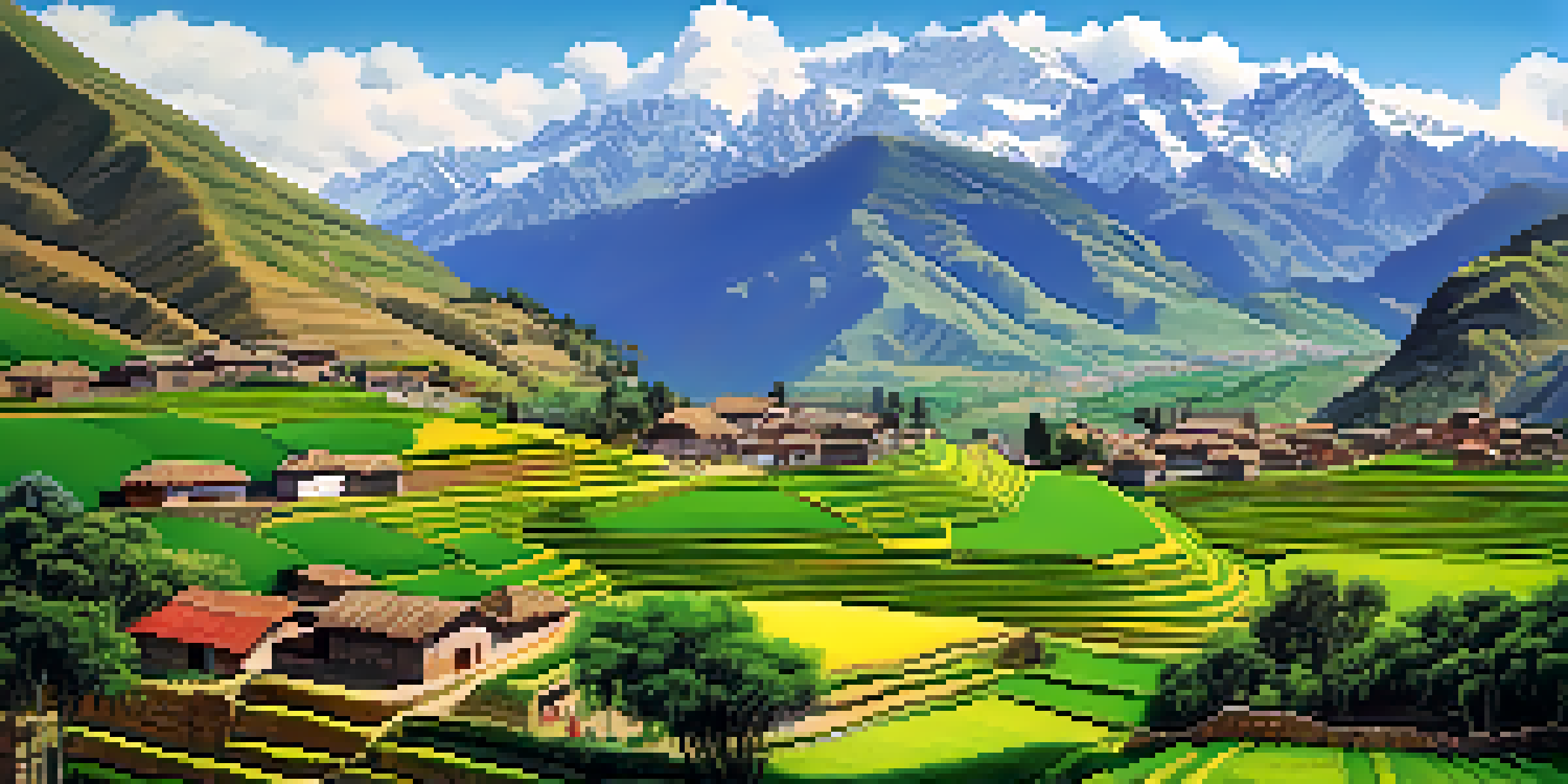 A scenic landscape of the Sacred Valley in Peru with green terraces, Andean homes, and mountains, highlighting sustainable farming.