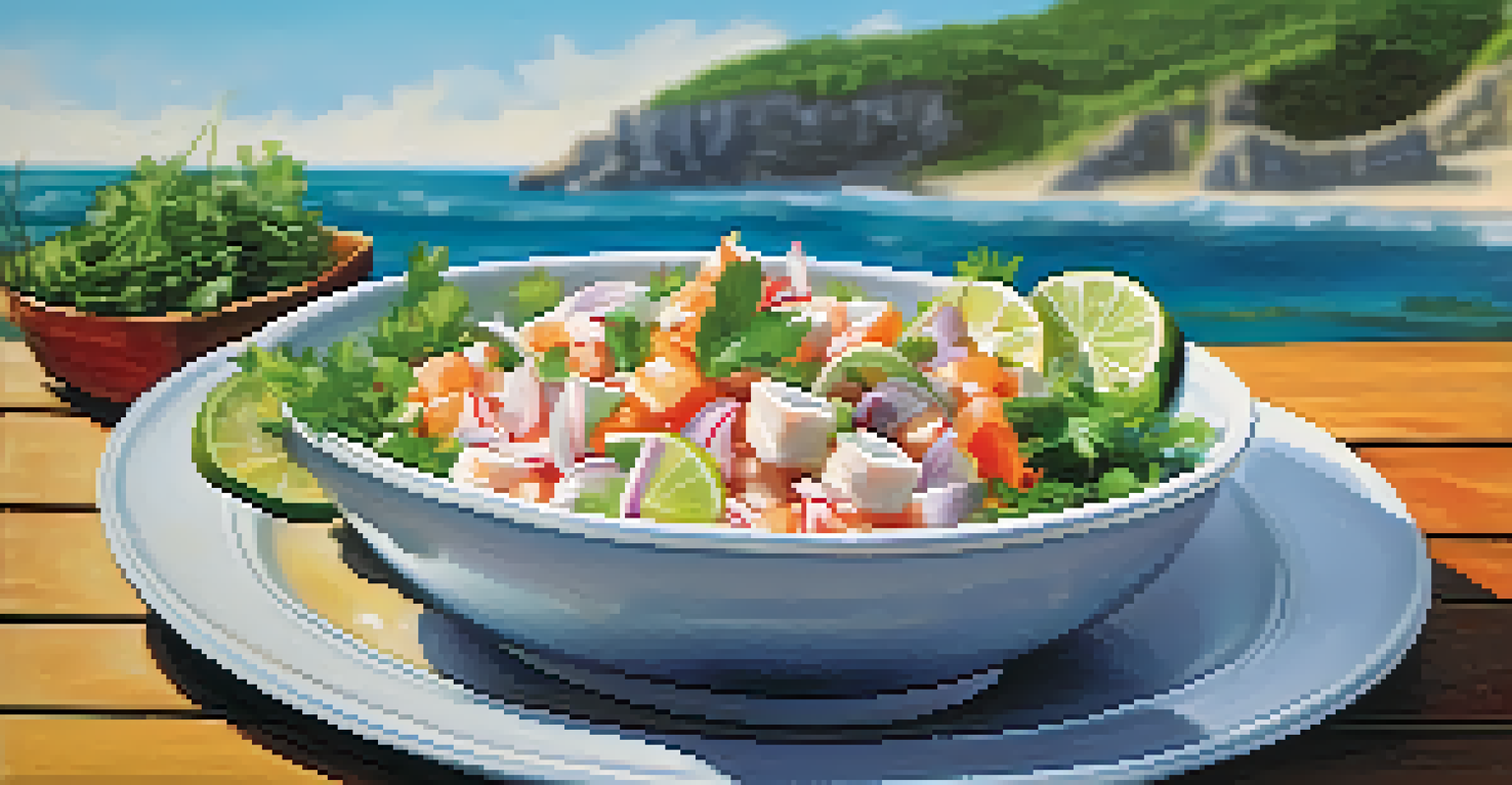 A beautifully presented plate of ceviche at a beachside restaurant in Punta Sal, with the ocean in the background.