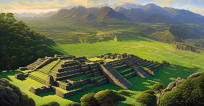 Aerial view of Sacsayhuamán, displaying its large stone walls and surrounding green landscape with the Andes mountains in the background.