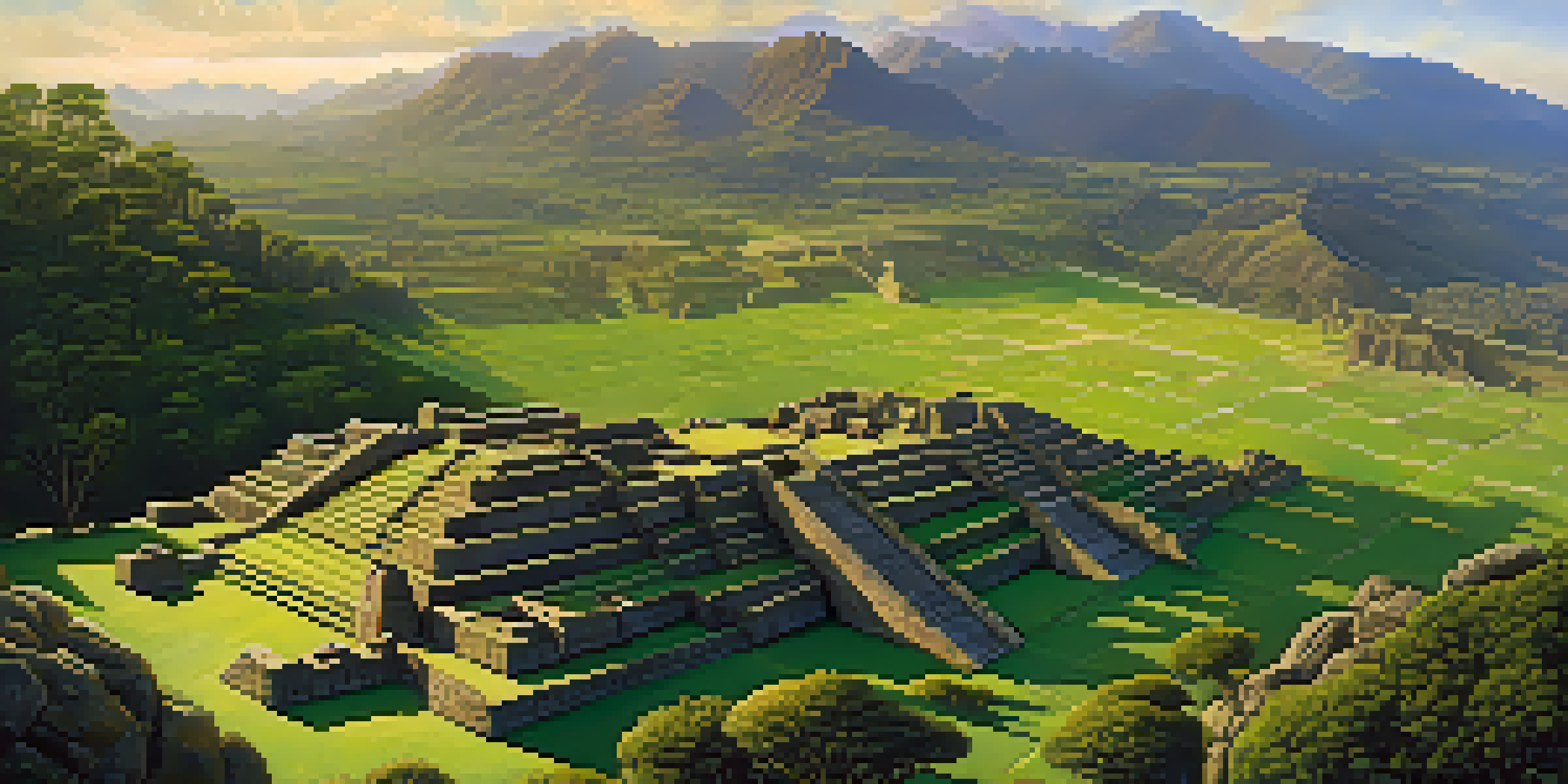 Aerial view of Sacsayhuamán, displaying its large stone walls and surrounding green landscape with the Andes mountains in the background.