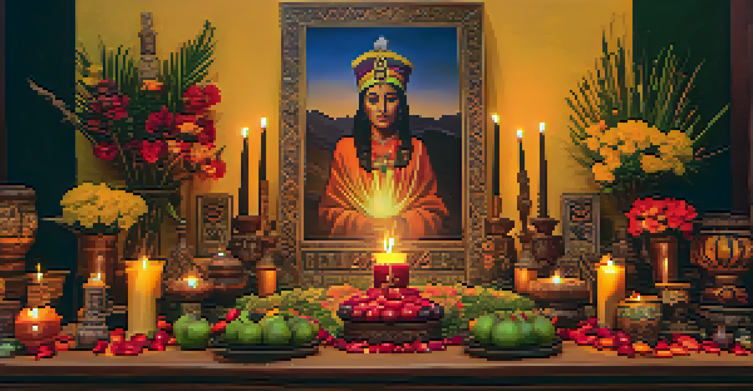 A detailed view of an altar honoring ancestors with photos and offerings during Inti Raymi celebrations.