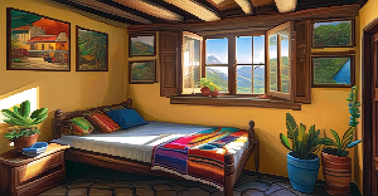 Cozy hostel room in Peru with wooden furniture, bright textiles, and a backpack.