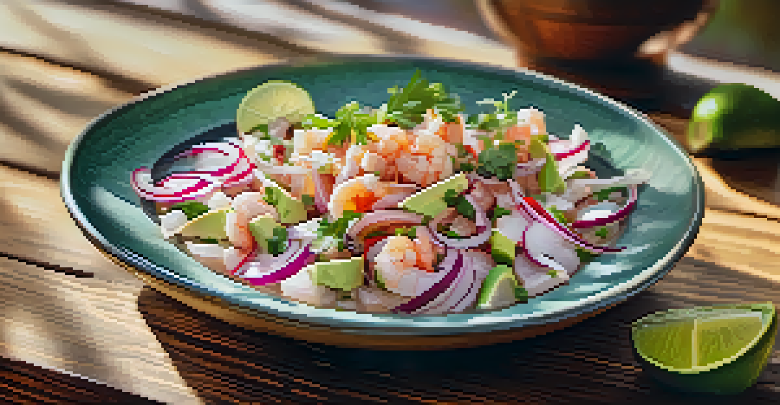 A beautifully arranged plate of ceviche with fresh fish, red onions, cilantro, and avocado, set against a rustic wooden table and tropical greenery.