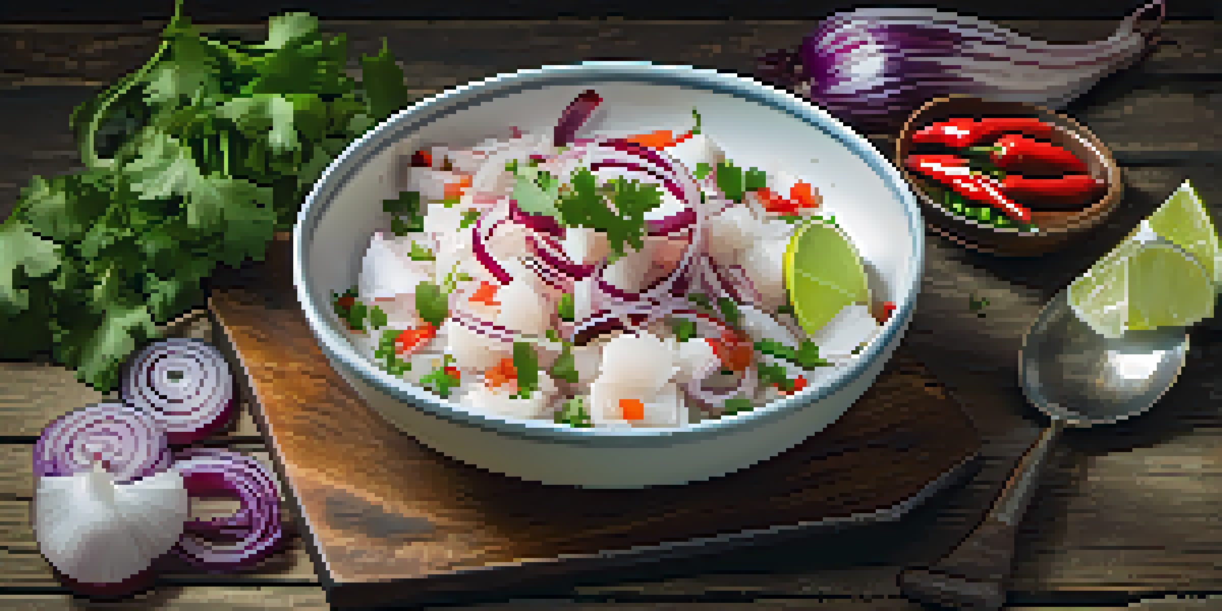 A plate of fresh Peruvian ceviche garnished with lime, onions, cilantro, and chili on a wooden table.