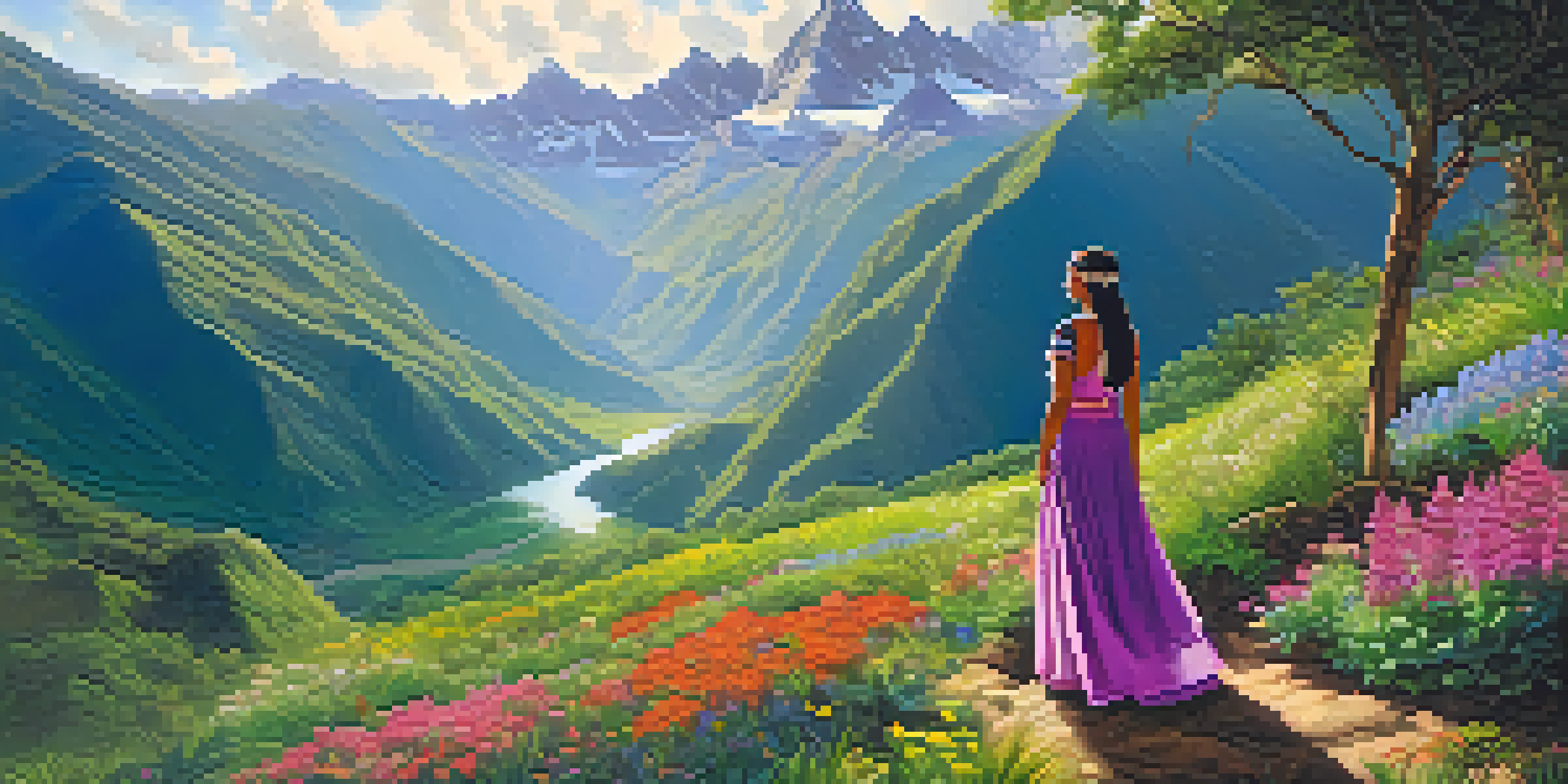An Inca princess in a vibrant valley with flowers, mountains in the background, and a condor soaring above.