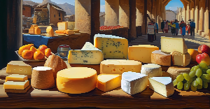 A lively market scene showcasing various types of Peruvian artisanal cheeses alongside colorful fruits and local breads, illuminated by warm sunlight.