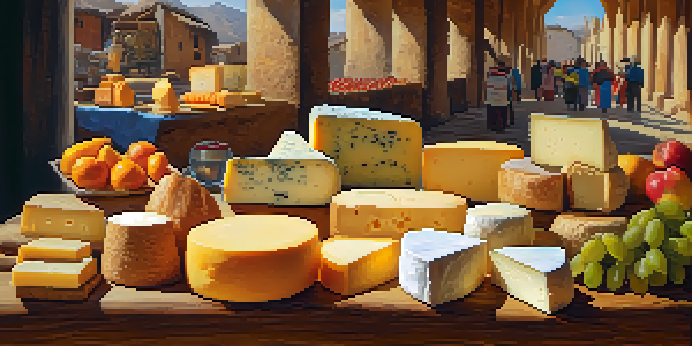 A lively market scene showcasing various types of Peruvian artisanal cheeses alongside colorful fruits and local breads, illuminated by warm sunlight.
