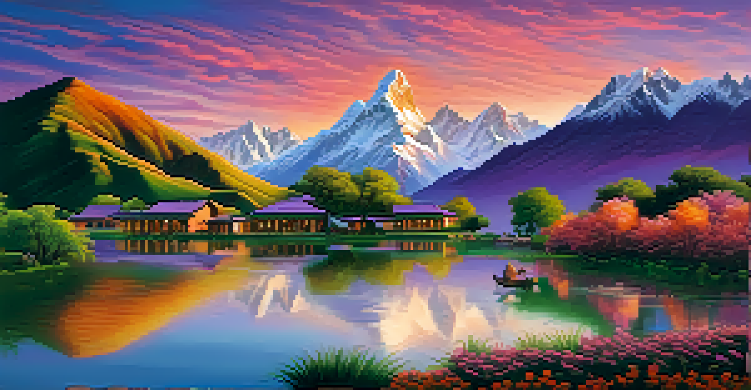 A picturesque view of the Andes mountains at sunset, featuring green valleys and a calm lake with ducks.