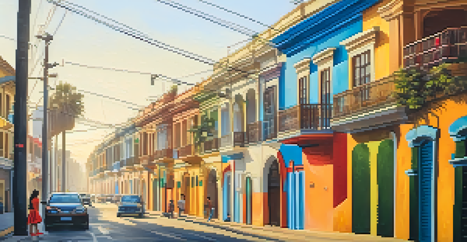 A colorful street in Barranco, Lima, adorned with vibrant murals and local artists at work, illuminated by the afternoon sun.