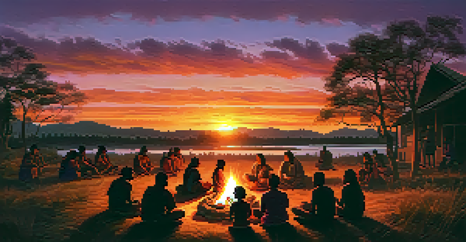 A sunset gathering around a fire, showcasing an Indigenous community sharing stories and traditions.