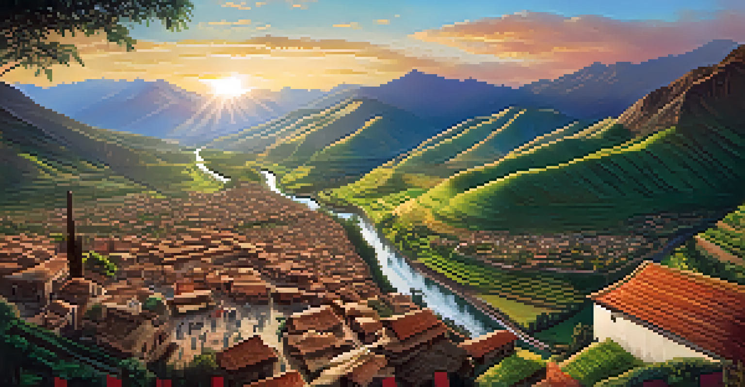 Aerial view of the Sacred Valley with colorful markets, rolling hills, and ancient ruins under a clear blue sky.
