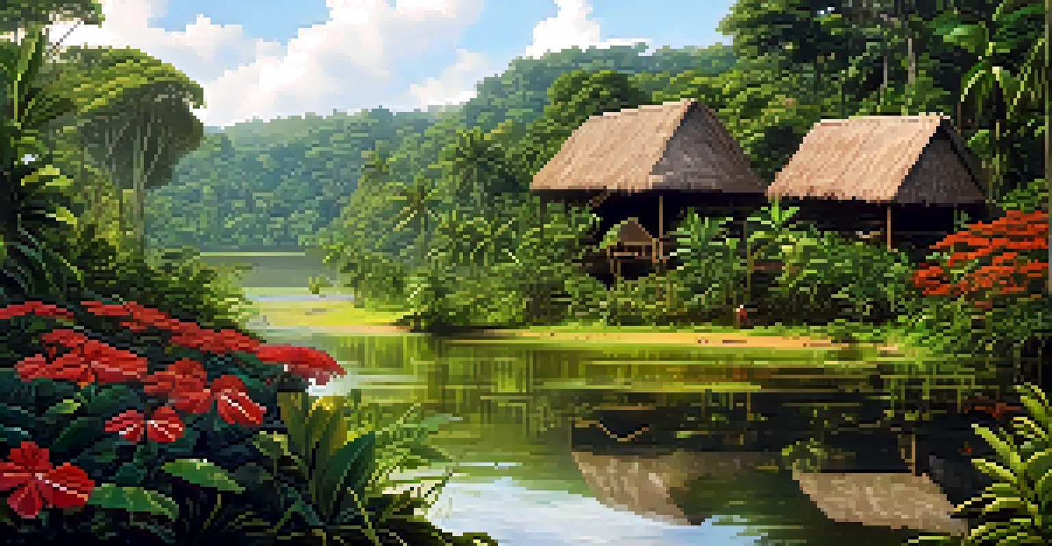 An indigenous village in the Amazon rainforest surrounded by lush greenery and vibrant flowers, with a person gathering herbs.