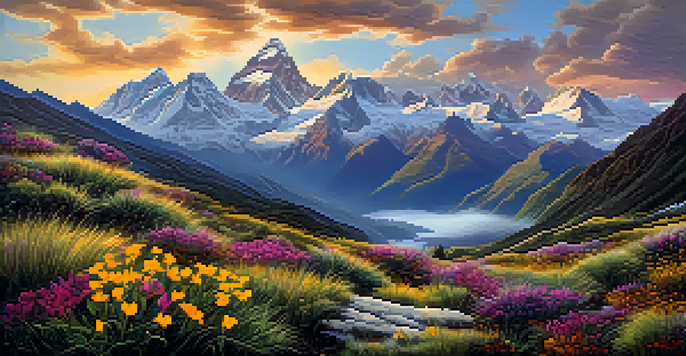 A picturesque view of the Peruvian Andes during sunrise, with snow-capped mountains and misty valleys, adorned with colorful wildflowers in the foreground.