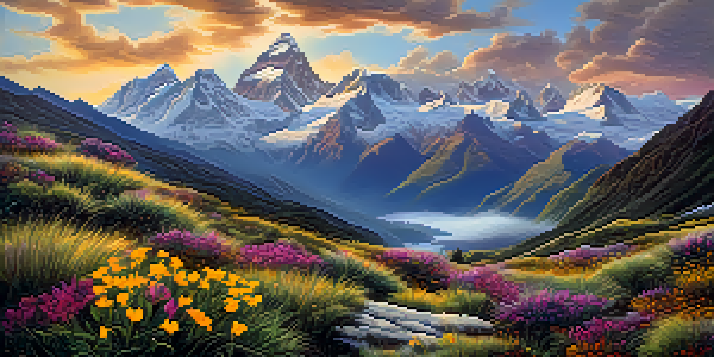 A picturesque view of the Peruvian Andes during sunrise, with snow-capped mountains and misty valleys, adorned with colorful wildflowers in the foreground.