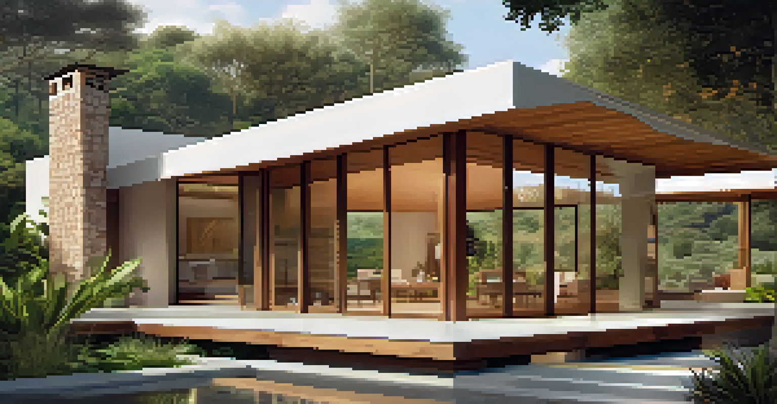 A modern house designed in Mestizo architecture, made with adobe and wood, surrounded by greenery and featuring large windows.