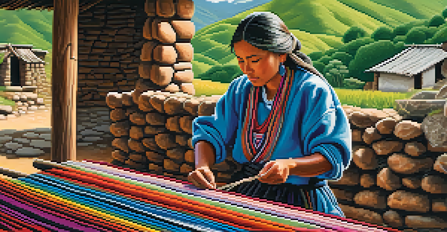 An indigenous artisan weaving colorful textiles in a traditional Andean village with rustic stone houses and mountains in the background.
