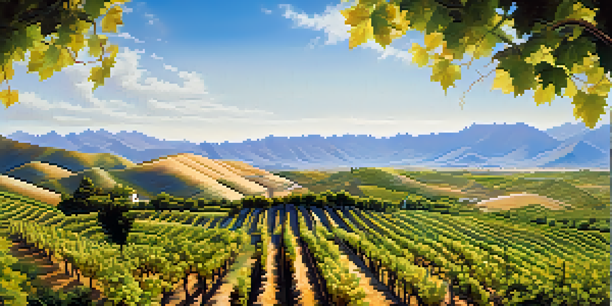 A beautiful landscape of vineyards in Ica, Peru with a glass of red wine in the foreground against golden sand dunes and a clear blue sky.