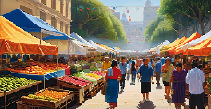 A lively market scene at the Mistura food festival, with colorful stalls of fresh ingredients and visitors interacting with vendors.