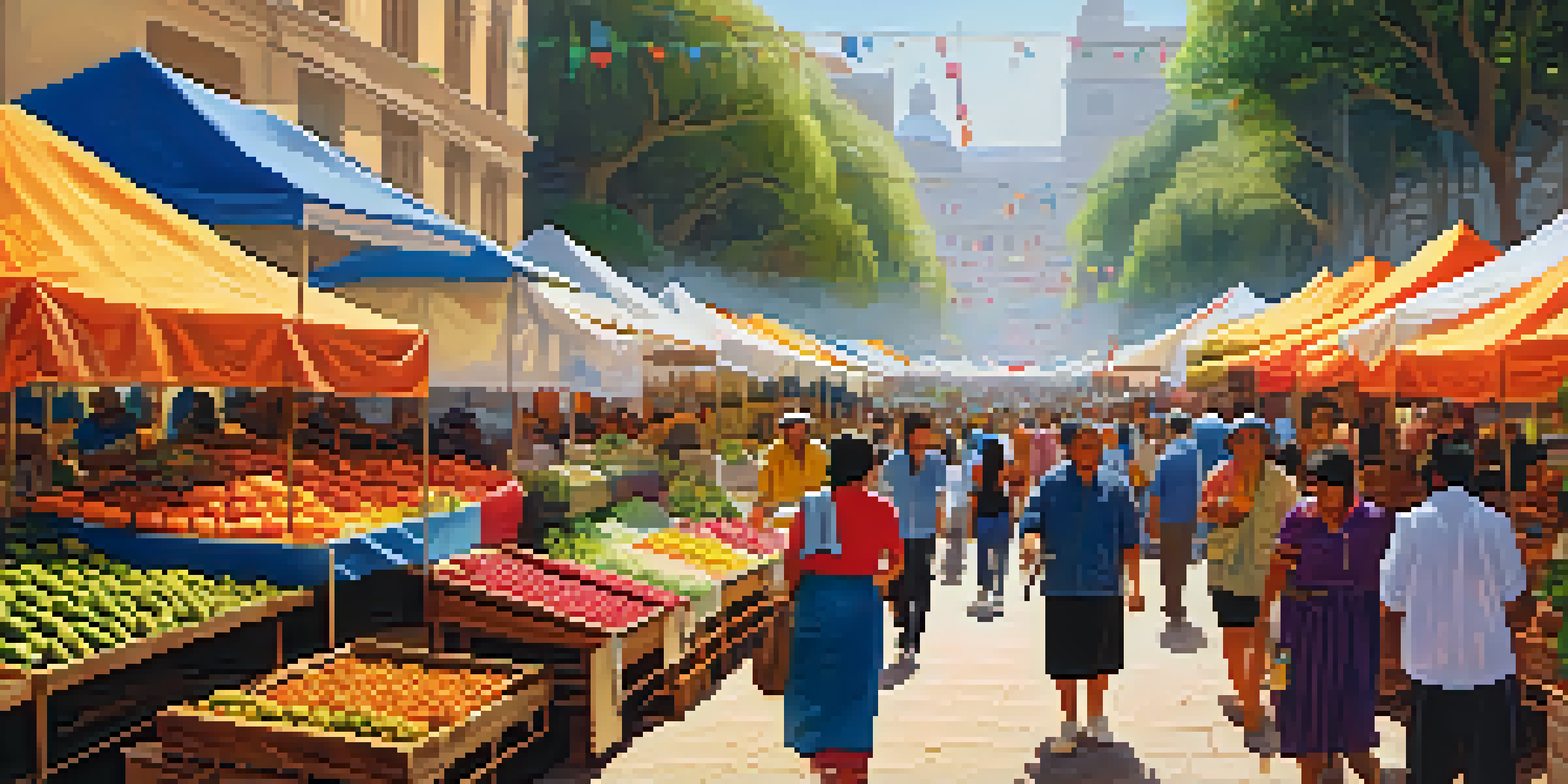 A lively market scene at the Mistura food festival, with colorful stalls of fresh ingredients and visitors interacting with vendors.