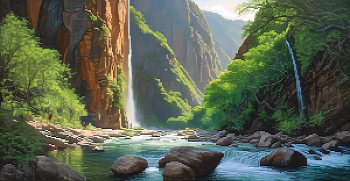 A scenic view of Santa Teresa canyon with rappellers descending a waterfall surrounded by green cliffs and sunlight filtering through trees.