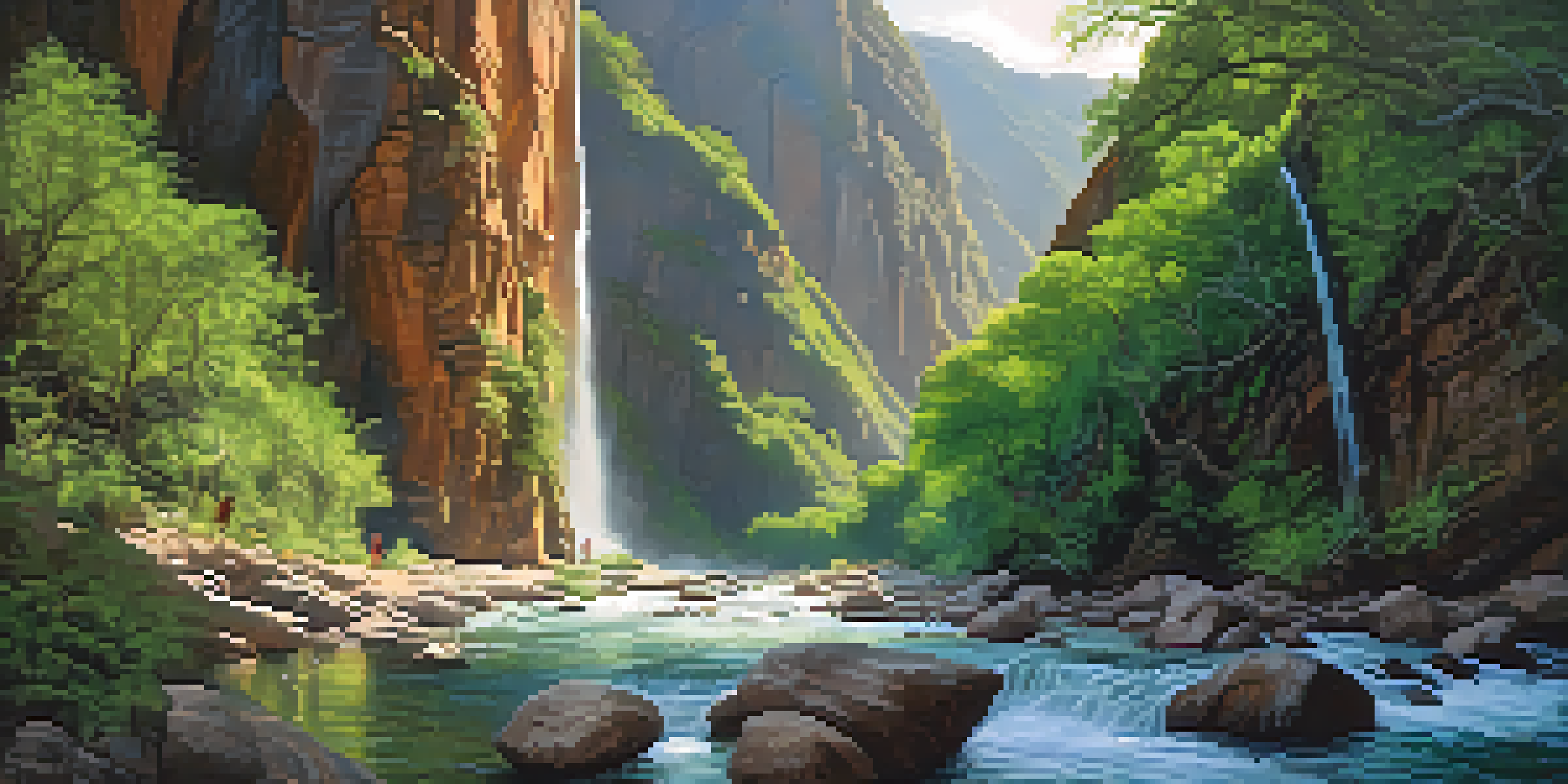 A scenic view of Santa Teresa canyon with rappellers descending a waterfall surrounded by green cliffs and sunlight filtering through trees.