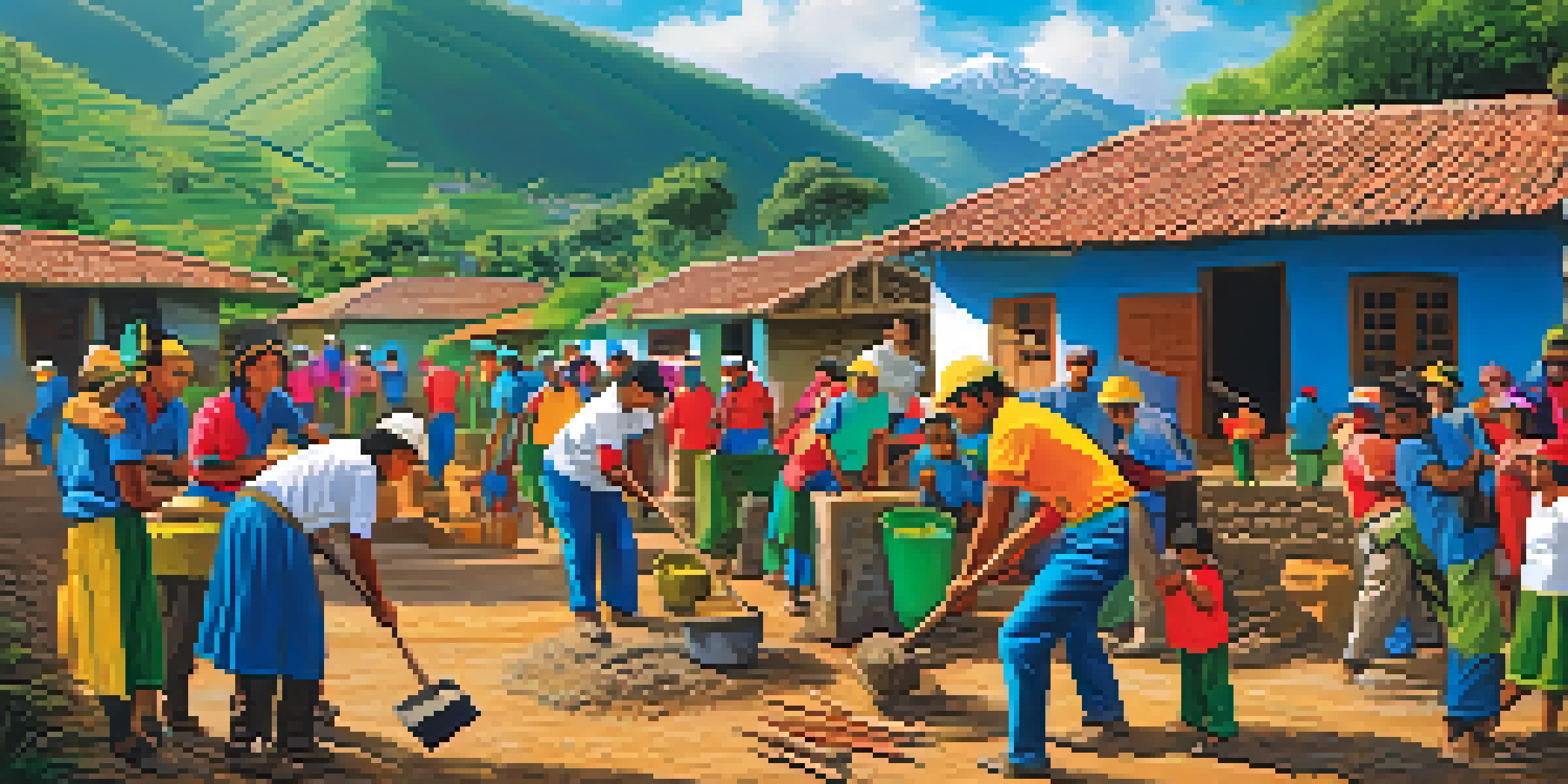 A scene of volunteers and local families working together to build a house in a Peruvian community, with green hills in the background.