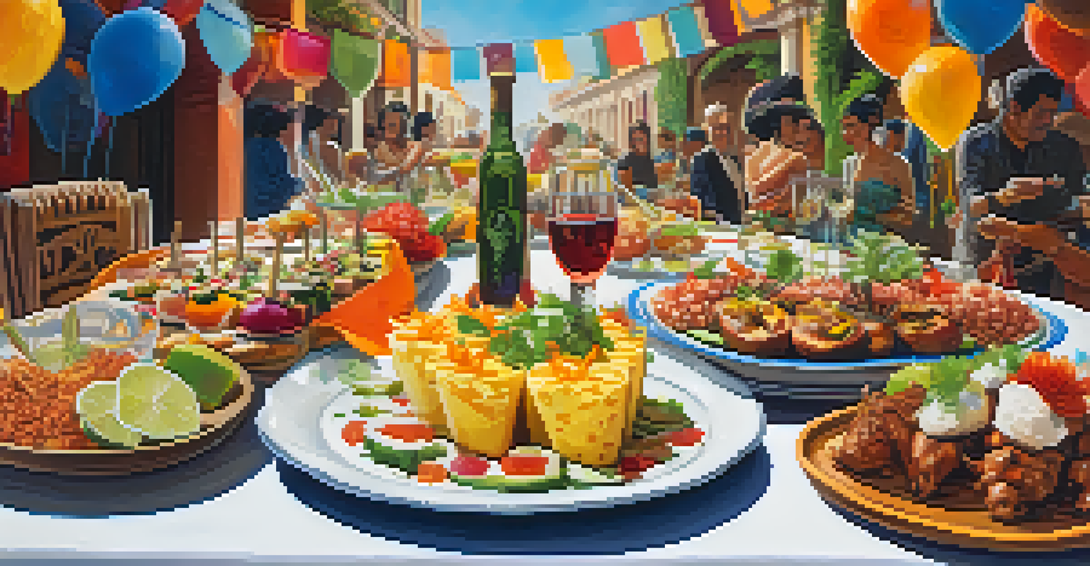 A festive table spread with traditional Peruvian dishes and Pisco, decorated with flowers, showcasing the culinary delights of the festival.