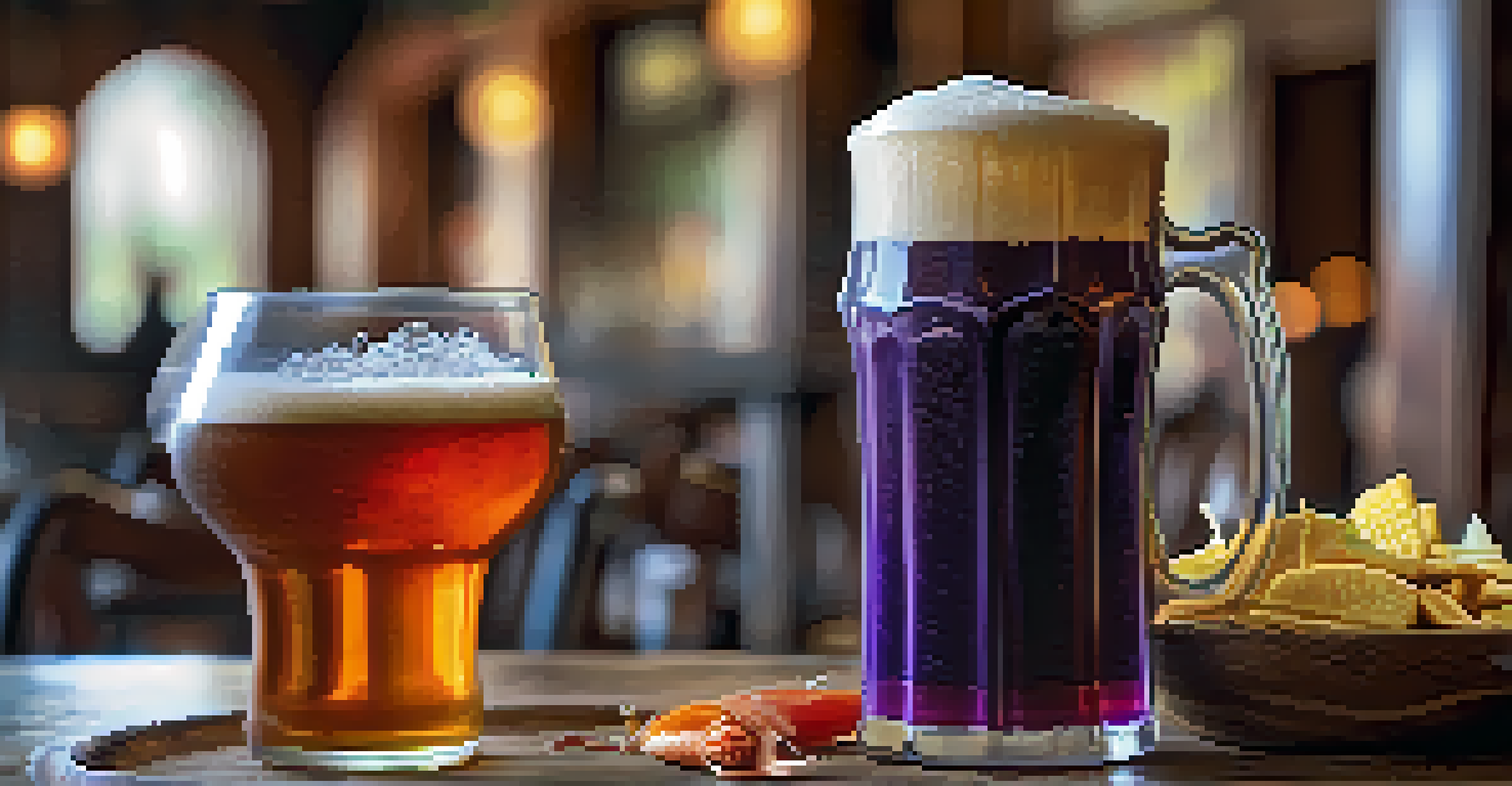 A close-up of a purple corn craft beer with local snacks in the background.