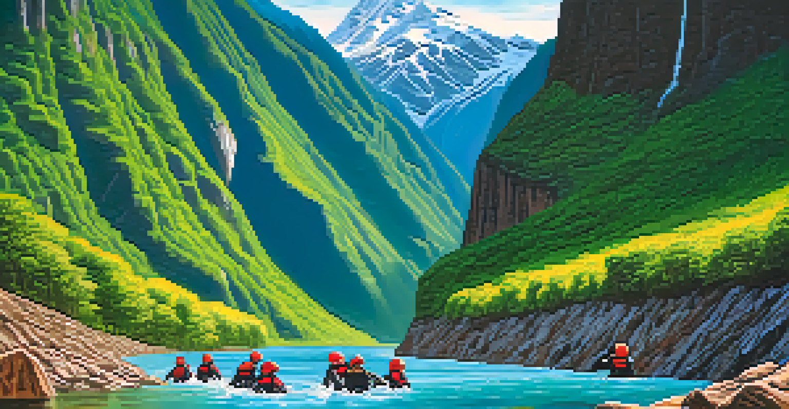 Individuals jumping into crystal-clear waters in Vilcanota River Valley, surrounded by the majestic Andes mountains and bright blue skies.