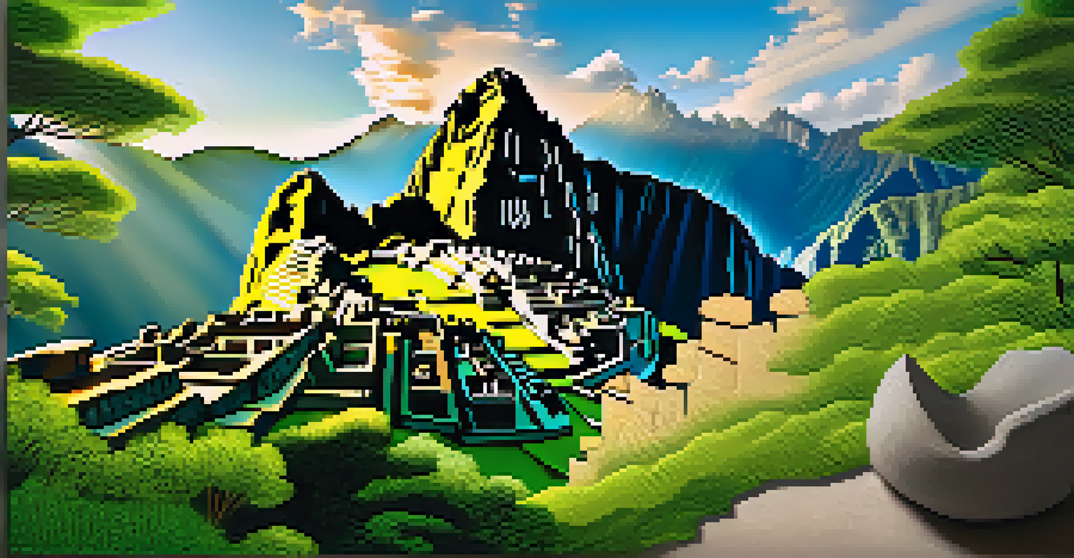 Machu Picchu at sunrise, with golden light illuminating the ancient ruins and green mountains in the background.