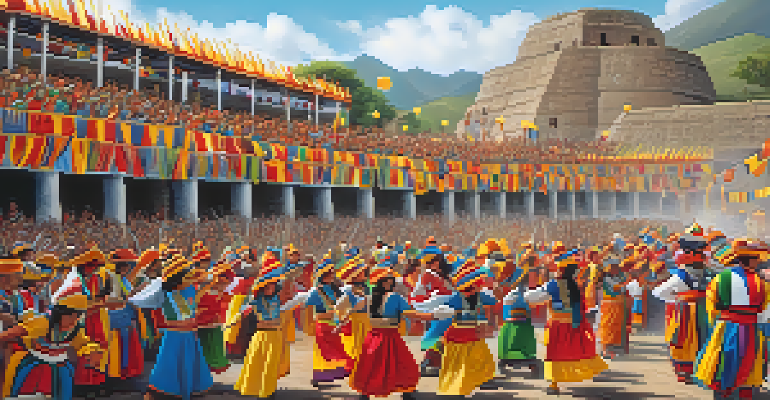 Festive scene from the Inti Raymi festival with locals in colorful traditional costumes dancing in front of ancient Incan ruins, celebrating the Festival of the Sun.