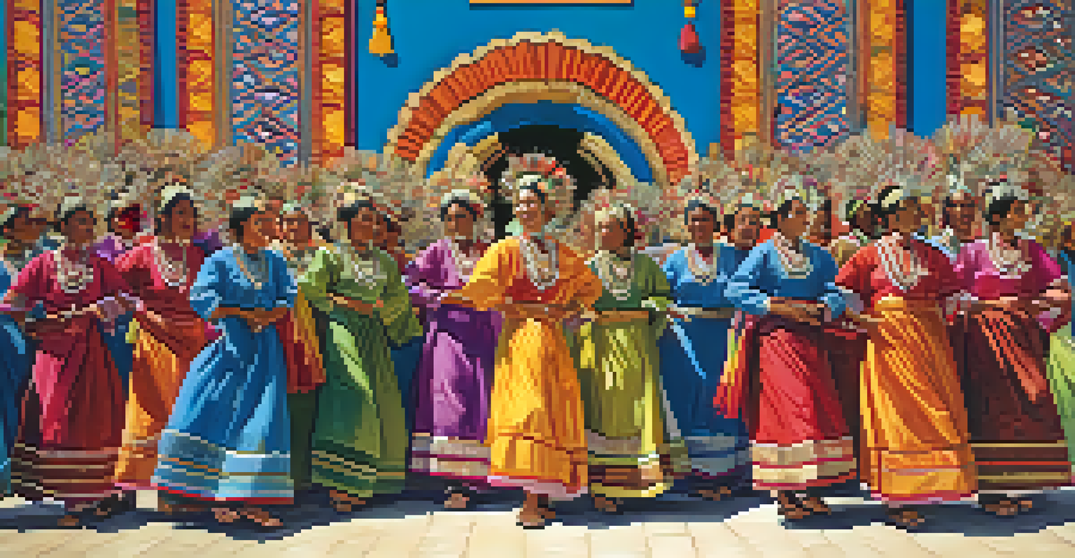 A close-up of pilgrims in vibrant traditional attire performing a dance in front of a sanctuary, showcasing their joyful expressions and intricate clothing patterns.
