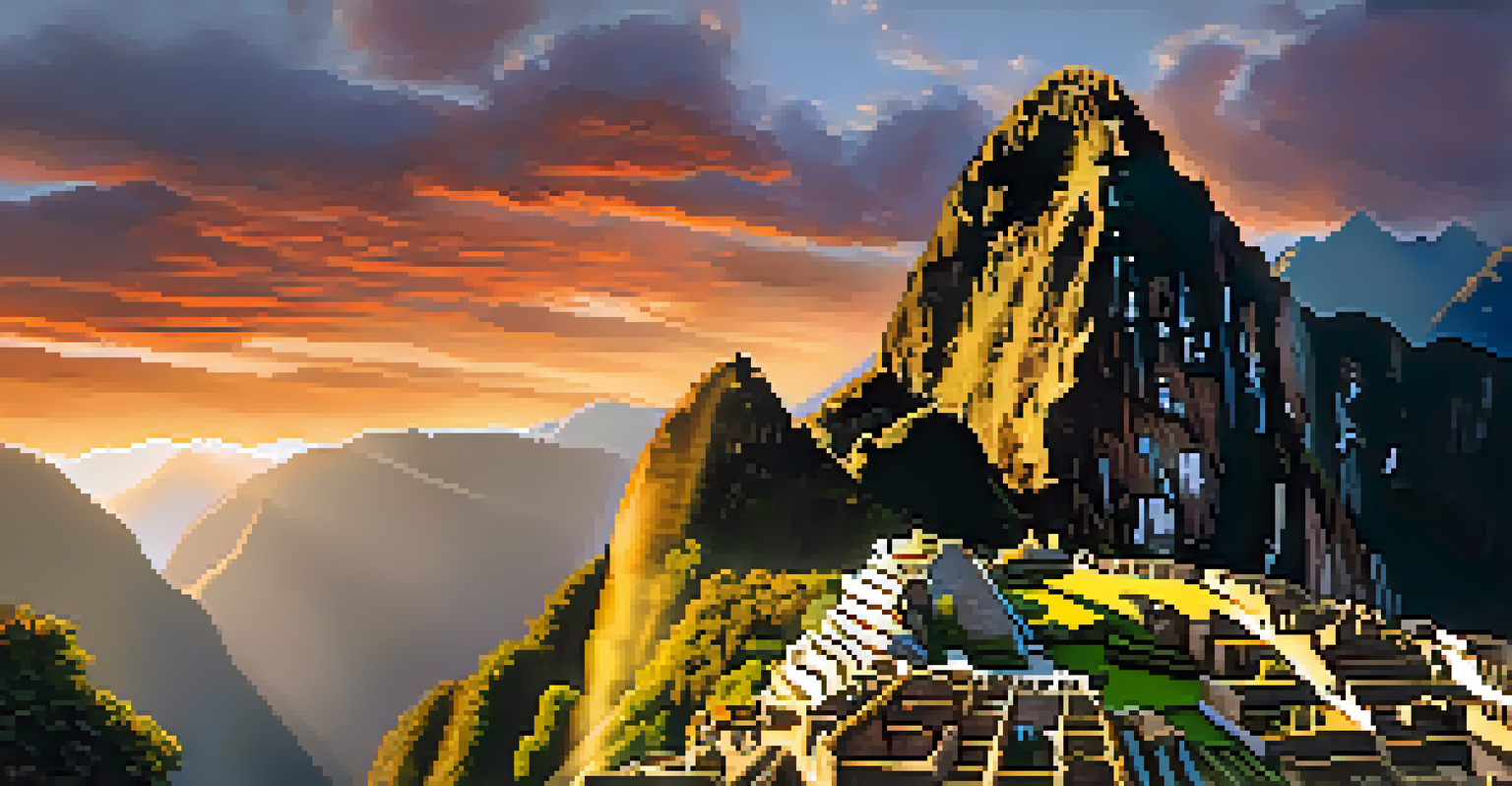 A detailed view of the Intihuatana stone at Machu Picchu, with the Andes Mountains in the background during sunset, highlighting the stone's intricate carvings.