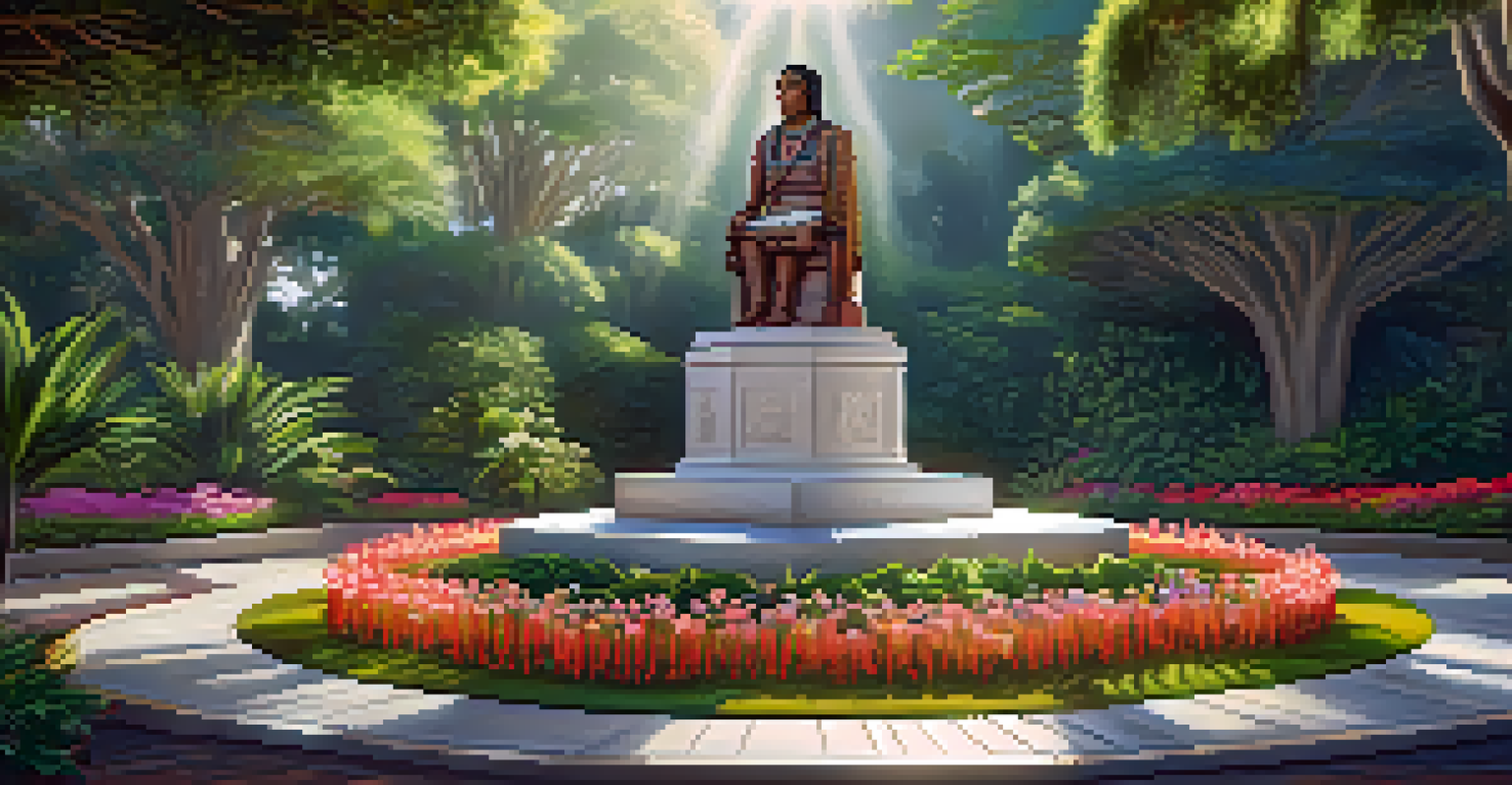 A tranquil memorial with a statue of Túpac Amaru II surrounded by flowers and trees.