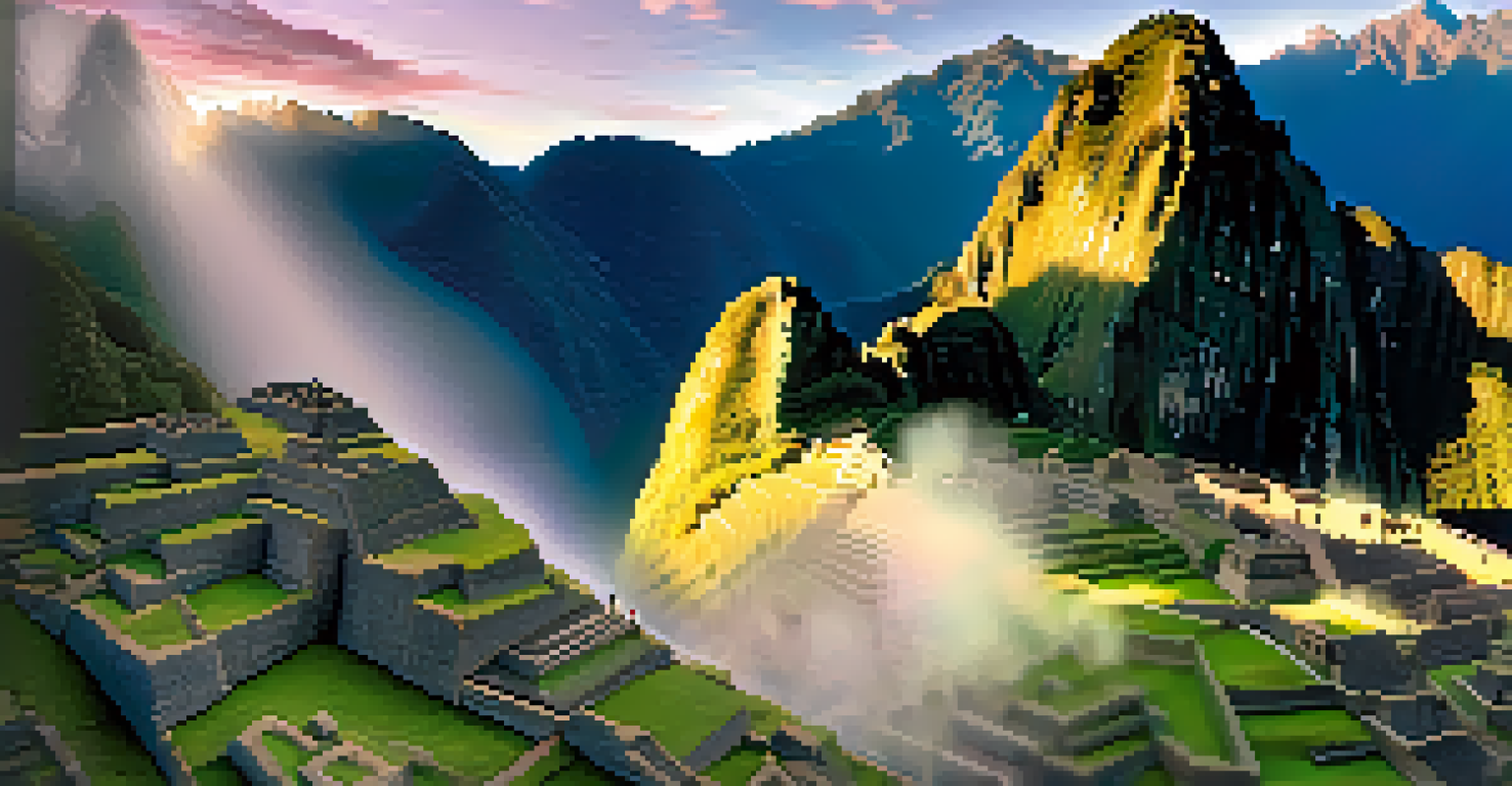 Sunrise view of Machu Picchu with mist and a traveler admiring the ancient ruins.