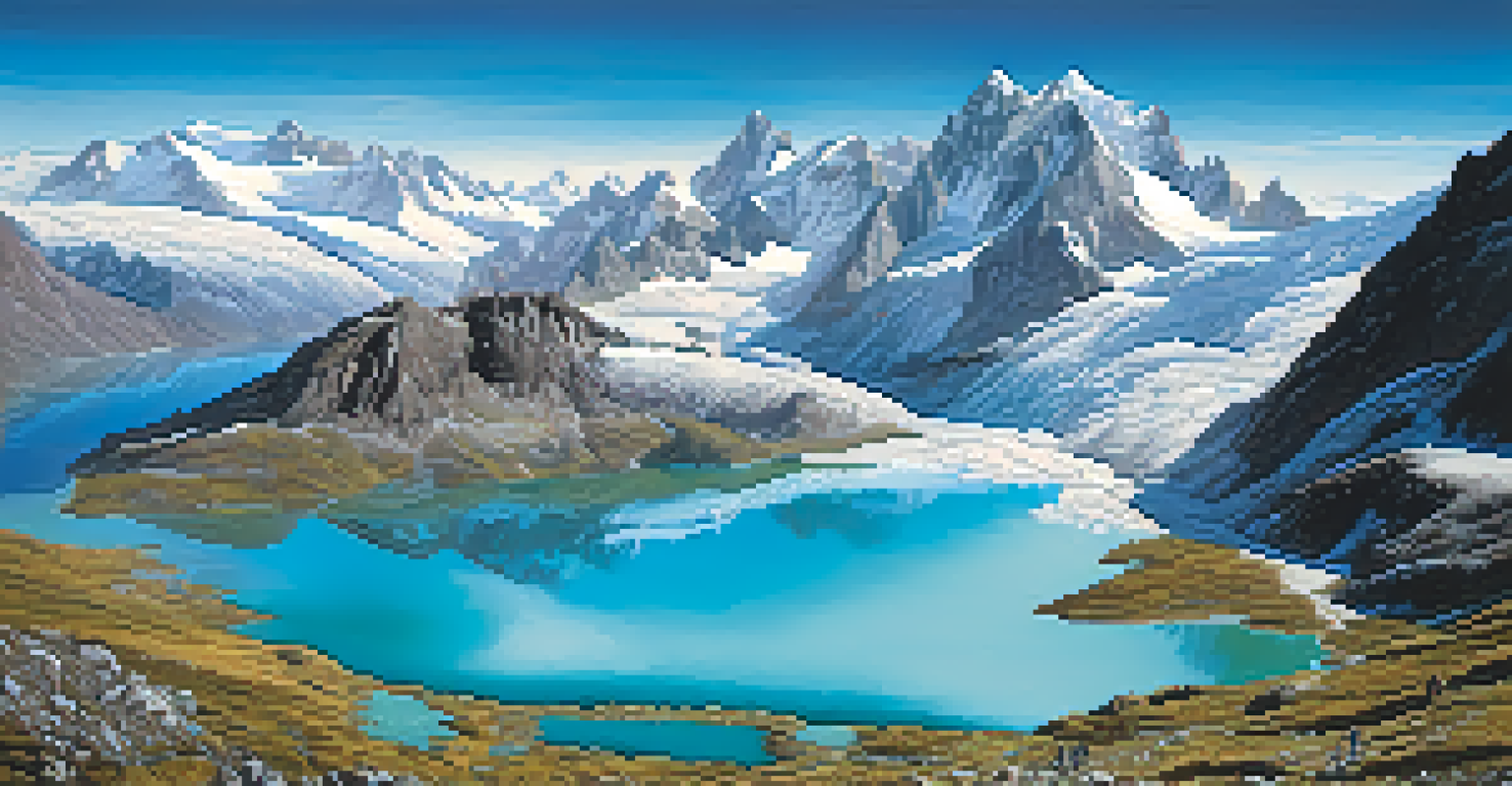 An aerial view of Huascarán National Park with turquoise glacial lakes and snow-capped mountains, featuring small groups of hikers in the foreground.