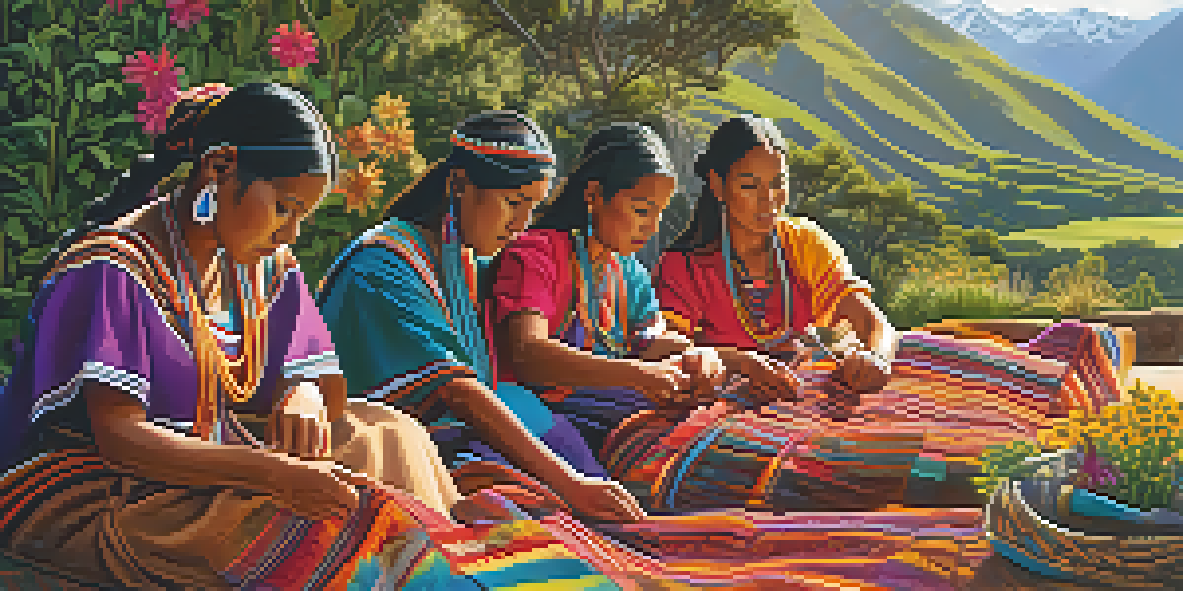 A group of indigenous women in traditional attire weaving textiles outdoors, surrounded by a beautiful Andean landscape.