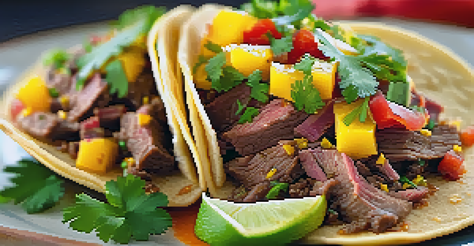 A taco filled with slow-cooked beef and mango salsa, served with fresh cilantro and lime wedges.