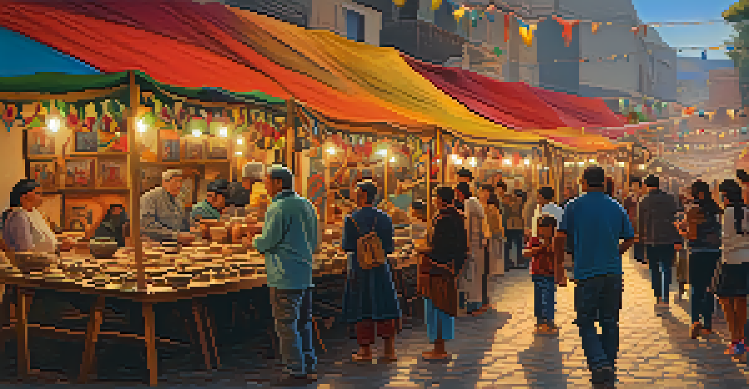 An outdoor artisan fair in Lima, with visitors exploring pottery and silverwork booths, and artisans demonstrating their crafts against a sunset backdrop.
