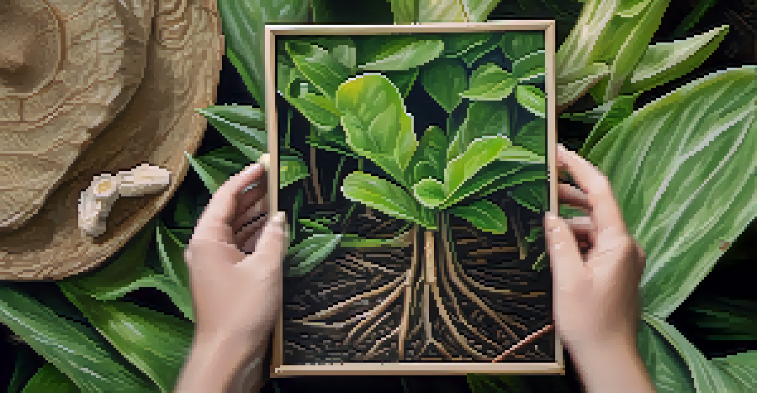 A close-up of a person's hand holding a rough 'maca' root surrounded by green leaves during a nature walk.