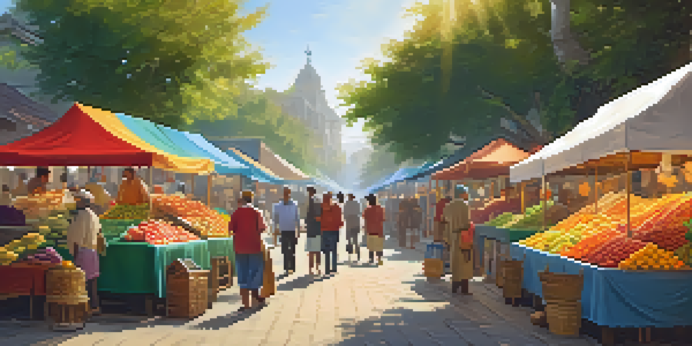 A lively street market filled with colorful fruits, vegetables, and crafts, with people interacting and the sun shining through the trees.