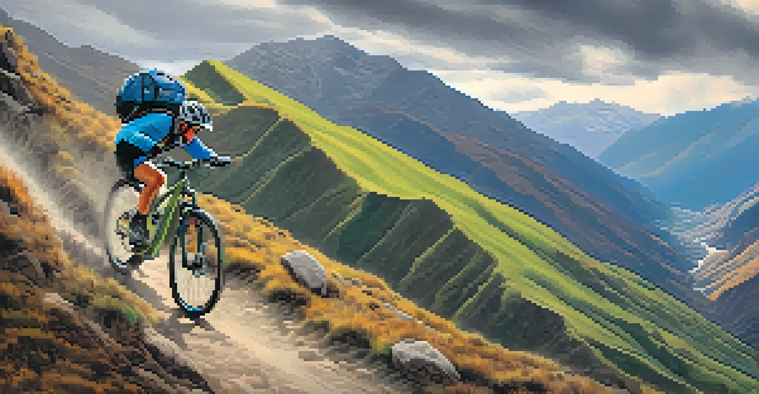 A mountain biker descending a steep trail in the Cusco region, surrounded by rugged mountains and a cloudy sky.